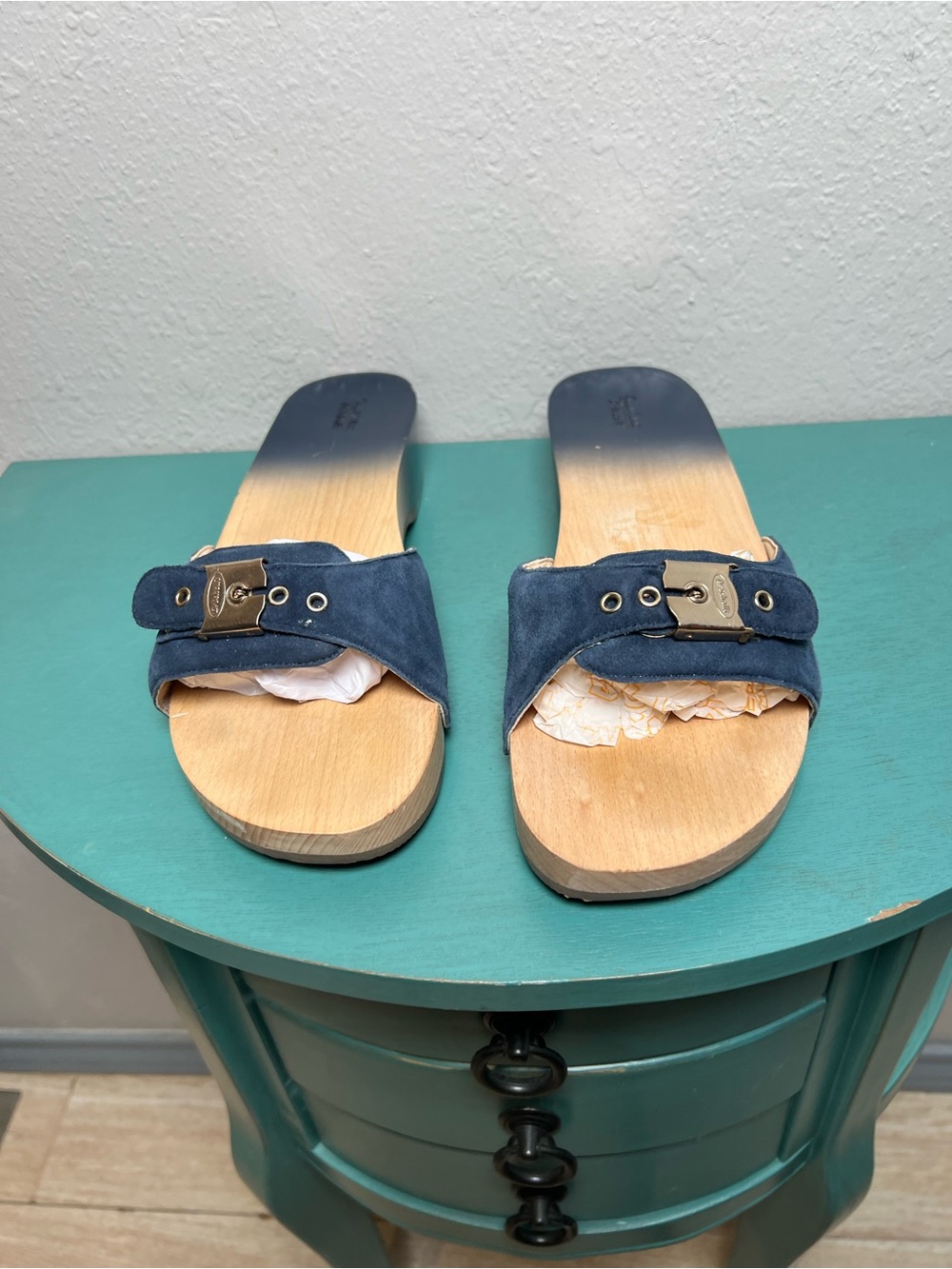 Dr Scholls Navy Suede Wooden Slide Ssndals - Picture 6 of 12